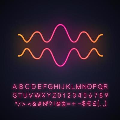 Fluid wave neon light icon. Flowing wavy lines. Music rhythm, soundwave. Equalizer, sound volume level abstract curve. Glowing sign with alphabet, numbers and symbols. Vector isolated illustration