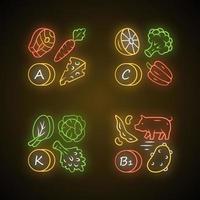 Vitamins neon light icons set. A, C, B1, K vitamins natural food source. Vegetables, edible greens, dairy products. Proper nutrition. Mineral, antioxidant. Glowing signs. Vector isolated illustrations