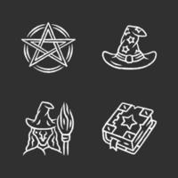 Magic chalk icons set. Pentagram, wizard hat, witch, spell book. Witchcraft, occult ritual items. Mystery objects. Isolated vector chalkboard illustrations