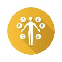 cuerpo vitaminas amarillo diseño plano icono de glifo de sombra larga. a, b, c, d, e, k multivitaminas. minerales vitales y antioxidantes. salud y medicina. ilustración de silueta vectorial vector
