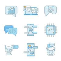 conjunto de iconos de colores de chatbots. bots parlantes. gráfico, soporte, código, messenger, bots de chat. robots modernos. charlatanes asistentes virtuales. ilustraciones de vectores aislados