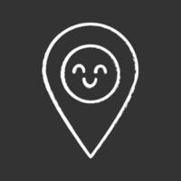 Smiling map pin character chalk icon. Easy GPS navigation. Happy map pinpoint, marker. Emoji, emoticon. Isolated vector chalkboard illustration