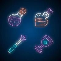 Magic neon light icons set. Magical death and love potions, witch wand, ceremonial chalice. Witchcraft, occult ritual items. Mystery objects. Glowing signs. Vector isolated illustrations