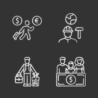 conjunto de iconos de tiza amarilla de inmigrantes. migrante económico, inmigración patrocinio familiar. trabajo para inmigrantes. emigrantes, refugiados. viajar al exterior. Ilustraciones de vector pizarra