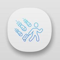 Refugee app icon. Humanitarian aid and evacuation. Travelling abroad. Escaping emigrant. War victim. Illegal immigrant. UIUX user interface. Web or mobile applications. Vector isolated illustrations