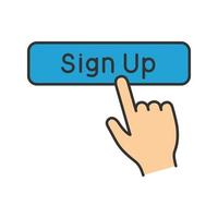Sign up button click color icon. New user registration. Membership. Hand pressing button. Isolated vector illustration