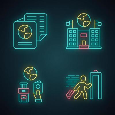 Immigration neon light icons set. Embassy and consulate building. Travel documents, security check. Trip equipment. Refugee, immigrant. Travelling abroad. Glowing signs. Vector isolated illustrations
