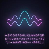 Fluid wave neon light icon. Flowing wavy lines. Music rhythm, digital soundwave, melody waveform. Equalizer abstract curve. Glowing sign with alphabet, numbers and symbol. Vector isolated illustration