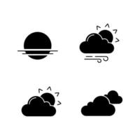 Weather forecast glyph icons set. Sunrise, sunset, partly cloudy and windy weather, clouds. Silhouette symbols. Vector isolated illustration