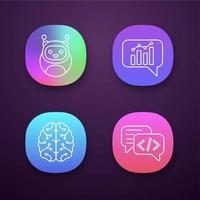 Chatbots app icons set. UIUX user interface. Virtual assistants. Code, statistics, support chat bots. Modern robots. Digital brain. AI. Web or mobile applications. Vector isolated illustrations