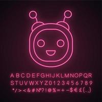 Chatbot neon light icon. Talkbot. Modern robot. Round head laughing chat bot. Virtual assistant. Conversational agent. Glowing sign with alphabet, numbers and symbols. Vector isolated illustration