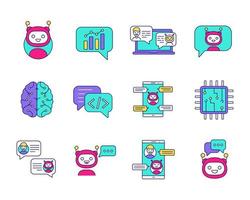 Chatbot color icons set. Chat bots. Talkbots. Virtual assistants. Support, chat, code, messenger bots. Online helpers. Isolated vector illustrations