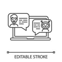 Support chatbot linear icon. Messenger bot. Thin line illustration. Virtual assistant. Modern robot. Man chatting with bot on laptop. Contour symbol. Vector isolated outline drawing. Editable stroke