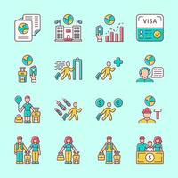 Immigration yellow color icons set. Travel abroad. Security check. Trip planning, holiday vacation organization. Refugee help, migrant protection. Travel equipment. Isolated vector illustrations