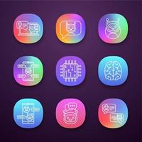Chatbots app icons set. UIUX user interface. Talkbots. Support service, chat, messenger bots. Modern robots. Digital brain and processor. Web or mobile applications. Vector isolated illustrations