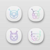 Chatbot app icons set. UIUX user interface. Talkbots. Laughing virtual assistants. Conversational agents. Modern robots. Web or mobile applications. Vector isolated illustrations