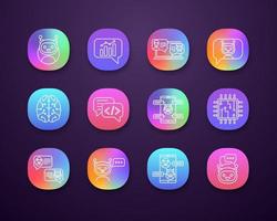 Chatbots app icons set. UIUX user interface. Chat bots. Talkbots. Virtual assistants. Support, chat, code, messenger bots. Online helpers. Web or mobile applications. Vector isolated illustrations