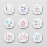 Chatbot app icons set. UIUX user interface. Modern robots emojis. Laughing, happy chat bot smileys. Virtual assistants. Web or mobile applications. Vector isolated illustrations