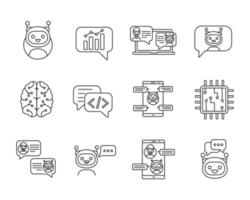 Chatbot linear icons set. Thin line contour symbols. Chat bots. Talkbot. Virtual assistants. Support, chat, code, messenger bots. Online helpers. Isolated vector outline illustrations. Editable stroke