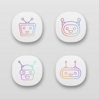 Chatbot app icons set. UIUX user interface. Talkbots. Laughing virtual assistants. Conversational agents. Modern robots. Web or mobile applications. Vector isolated illustrations