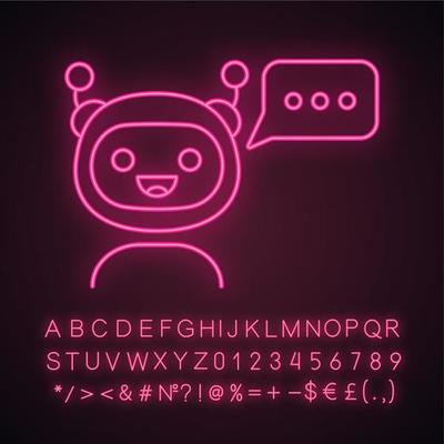 Chatbot with three dots in speech bubble neon light icon. Modern robot. Online virtual assistant. Digital support. Glowing sign with alphabet, numbers and symbols. Vector isolated illustration