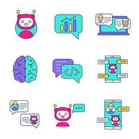 conjunto de iconos de colores de chatbots. bots parlantes. gráfico, soporte, código, messenger, bots de chat. robots modernos. charlatanes asistentes virtuales. ilustraciones de vectores aislados