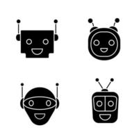 Chatbots glyph icons set. Silhouette symbols. Talkbots. Laughing virtual assistants collection. Modern robots. Conversational agents. Vector isolated illustration