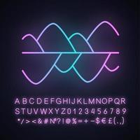 Music frequency level neon light icon. Vibration, noise level curves. Sound waves, waveforms. Digital soundwaves rhythm. Glowing sign with alphabet, numbers and symbols. Vector isolated illustration