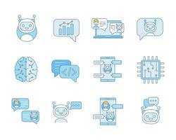 Chatbot color icons set. Chat bots. Talkbots. Virtual assistants. Support, chat, code, messenger bots. Online helpers. Isolated vector illustrations