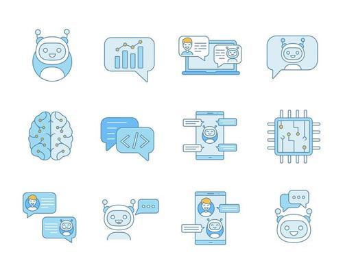 Chatbot color icons set. Chat bots. Talkbots. Virtual assistants. Support, chat, code, messenger bots. Online helpers. Isolated vector illustrations