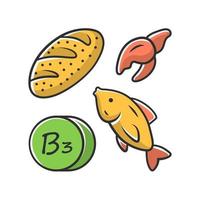Vitamin B3 yellow color icon. Bread, fish and seafood. Healthy eating. Nicotinic acid. Vitamin PP, niacin natural food source. Proper nutrition. Minerals and antioxidants. Isolated vector illustration