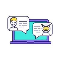 Support chatbot color icon. Messenger bot. Virtual assistant. Modern robot. Man chatting with bot on laptop. Isolated vector illustration