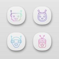 Chatbot app icons set. UIUX user interface. Talkbots. Laughing virtual assistants. Conversational agents. Modern robots. Web or mobile applications. Vector isolated illustrations