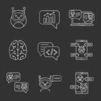 Chatbots chalk icons set. Talkbots. Graph, support, code, messenger, chat bots. Modern robots. Chatterbots. Virtual assistants. Isolated vector chalkboard illustrations