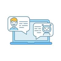 Support chatbot color icon. Messenger bot. Virtual assistant. Modern robot. Man chatting with bot on laptop. Isolated vector illustration