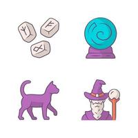 Magic color icons set. Runestones, fortune telling crystal ball, witch cat, wizard. Witchcraft and sorcery halloween symbols. Isolated vector illustrations