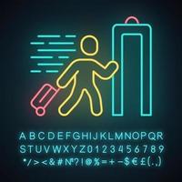 Express entry neon light icon. Passenger passing x-ray check at airport. Body scan machine. Express path facility. Glowing sign with alphabet, numbers and symbols. Vector isolated illustration