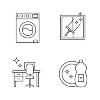 Cleaning service linear icons set. Washing machine, window cleaning, tidy table, dishwashing liquid. Thin line contour symbols. Isolated vector outline illustrations. Editable stroke