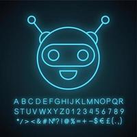 Chatbot neon light icon. Talkbot. Circle head laughing chat bot. Modern robot. Virtual assistant. Conversational agent. Glowing sign with alphabet, numbers and symbols. Vector isolated illustration