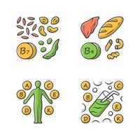 Vitamins color icons set. B1, B9 natural food source. Vitamin complex, cocktail. Nuts, flour products. Proper nutrition. Healthy food. Healthcare. Minerals, antioxidants. Isolated vector illustrations