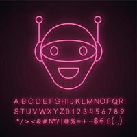 Chatbot neon light icon. Talkbot. Modern robot. Android laughing chat bot. Virtual assistant. Conversational agent. Glowing sign with alphabet, numbers and symbols. Vector isolated illustration