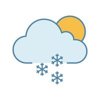 Scattered snow color icon. Snowy. Light snow. Partly cloudy. Winter weather. Cloud, snowflake and sun. Weather forecast. Isolated vector illustration