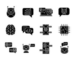Chatbots glyph icons set. Silhouette symbols. Chat bots. Talkbots. Virtual assistants. Support, chat, code, messenger bots. Online helpers. Vector isolated illustration
