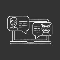 Support chatbot chalk icon. Messenger bot. Virtual assistant. Modern robot. Man chatting with bot on laptop. Isolated vector chalkboard illustration