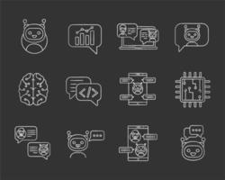 Chatbots chalk icons set. Chat bots. Talkbots. Virtual assistants. Support, chat, code, messenger bots. Online helpers. Isolated vector chalkboard illustrations