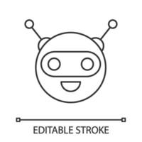 Chatbot linear icon. Thin line illustration. Circle head laughing chat bot. Modern robot. Virtual assistant. Conversational agent. Contour symbol. Vector isolated outline drawing. Editable stroke