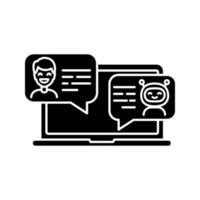 Support chatbot glyph icon. Silhouette symbol. Messenger bot. Virtual assistant. Modern robot. Man chatting with bot on laptop. Negative space. Vector isolated illustration