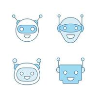 Chatbots color icons set. Talkbots. Laughing virtual assistants collection. Conversational agents. Modern robots. Isolated vector illustrations