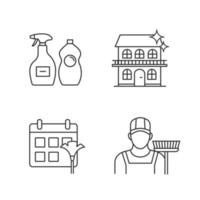 Cleaning service linear icons set. Sweeper, cleaning schedule, cleaners, cottage. Thin line contour symbols. Isolated vector outline illustrations. Editable stroke