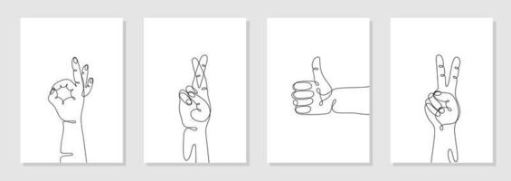 conjunto de gestos de mano dibujados en una sola línea, manos humanas minimalistas con signo similar, ok, dos, dedos cruzados. vector gráfico dinámico continuo de una línea